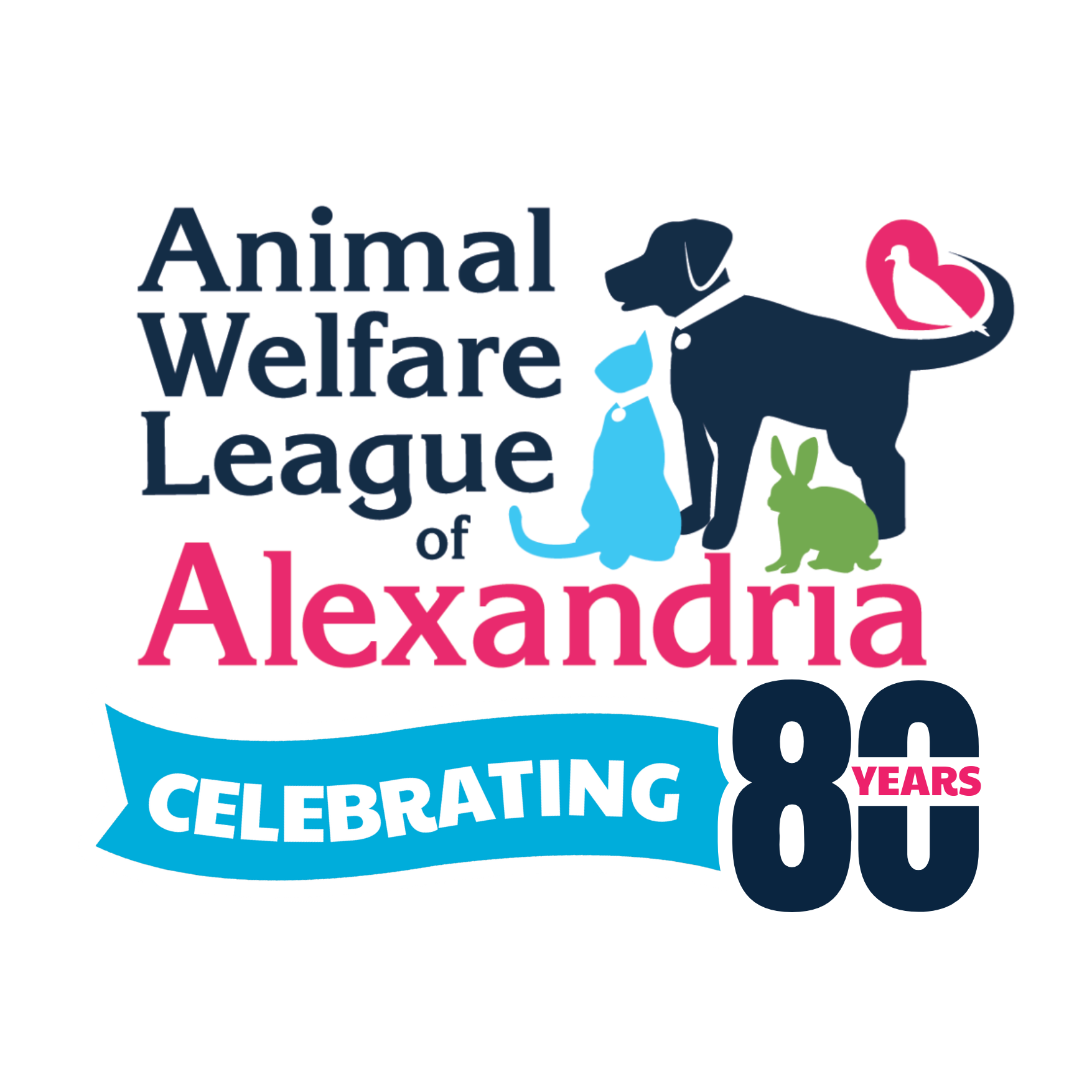 Animal Welfare League of Alexandria logo, featuring a dog, cat, rabbit and bird, as well as a banner stating the AWLA is celebrating 80 years